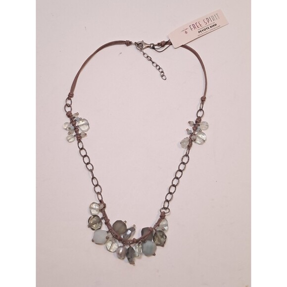 Peyote Bird Green Gray Silver Gemstone Bead Mix Wax Cord Chain Necklace 17" NWT - Picture 7 of 10